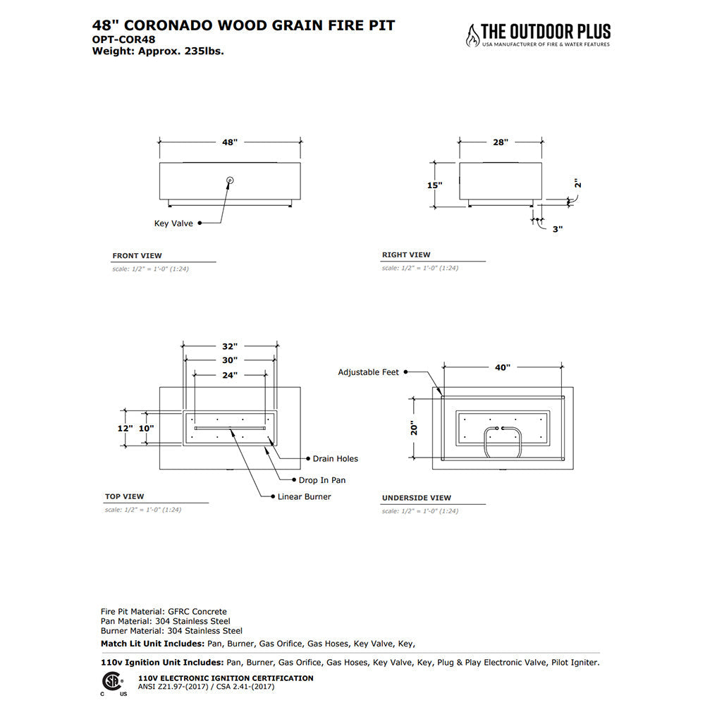 The Outdoor Plus Coronado Wood Grain Fire Pit 48x28" (OPT-COR48x)